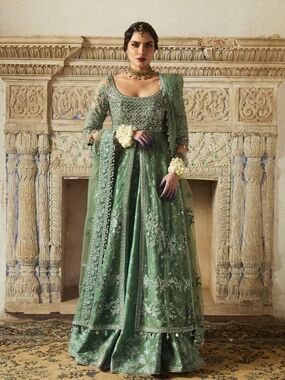 Embroidered Sage Green Long-Sleeve Formal Dress